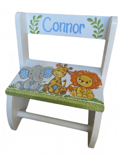 Blue happy Safari Flip step stool elephant lion giraffe