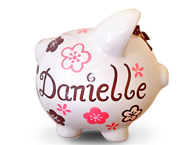 Pink Brown Flowers piggy bank